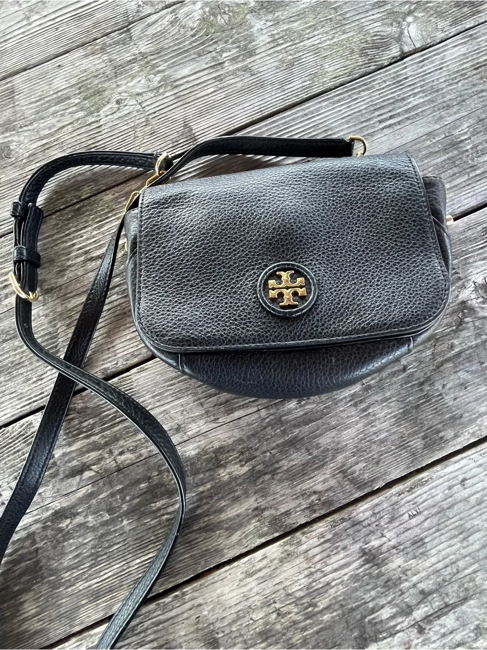 Tory Burch Black Pebbled Leather Flap Crossbody with Gold Logo